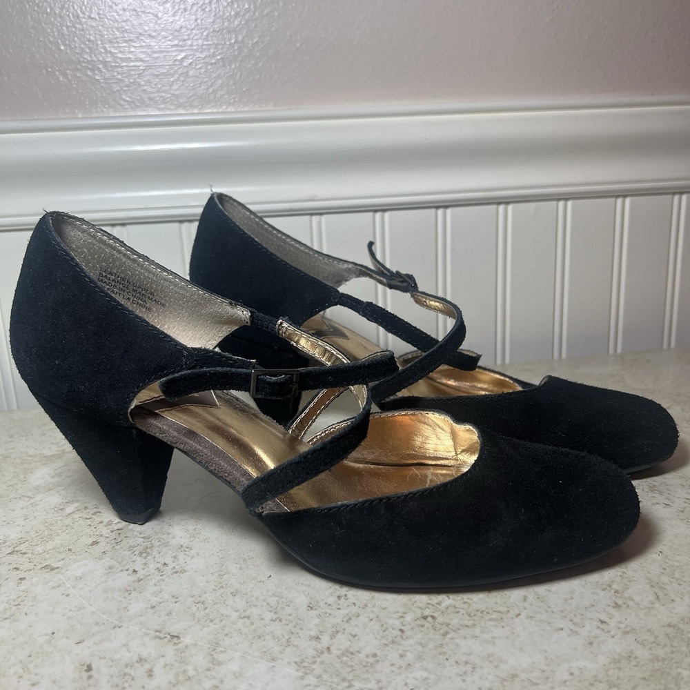 Seychelles Vintage Suede Mary Jane Heels: Black Strappy Statement Pumps Sz 7.5